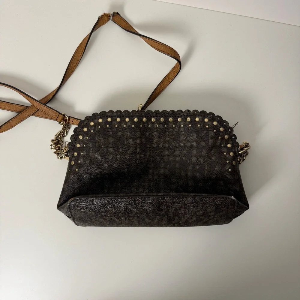 Michael Kors Signature Monogram Scallop Studded‎ Crossbody Bag Brown